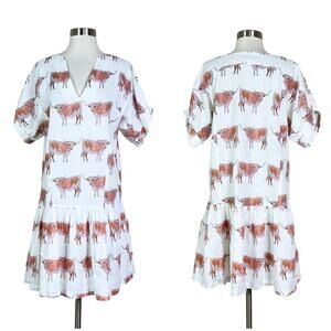 Brooke Wright | Ophelia Longhorn Steer Cow Print White Cotton Linen Mini Dress L